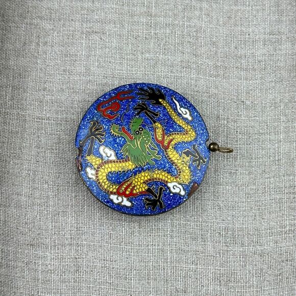 Vintage Round Puffy Double Sided Chinese Dragon Cloisonne Pendant 1.75" Blue - Picture 13 of 13